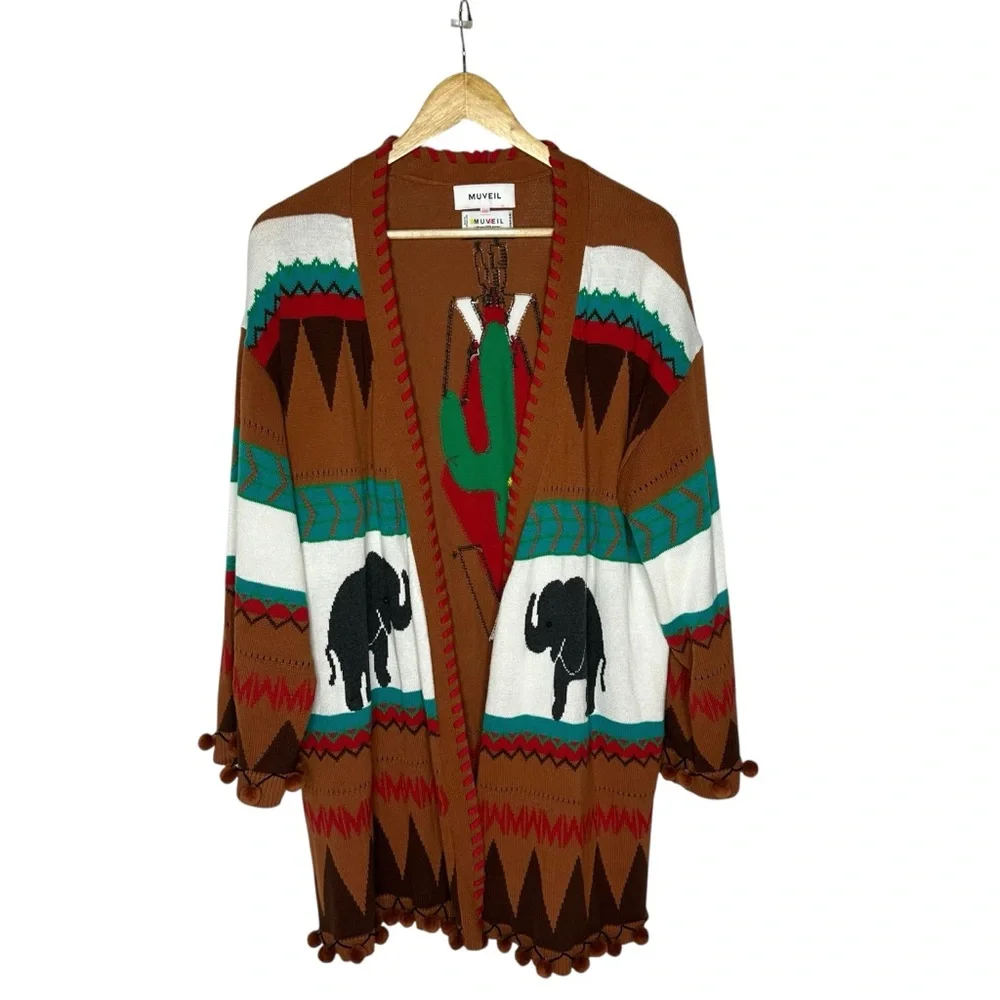 NWOT MUVEIL Western Brown multi Belted Cardigan 38 - Picture 6 of 15